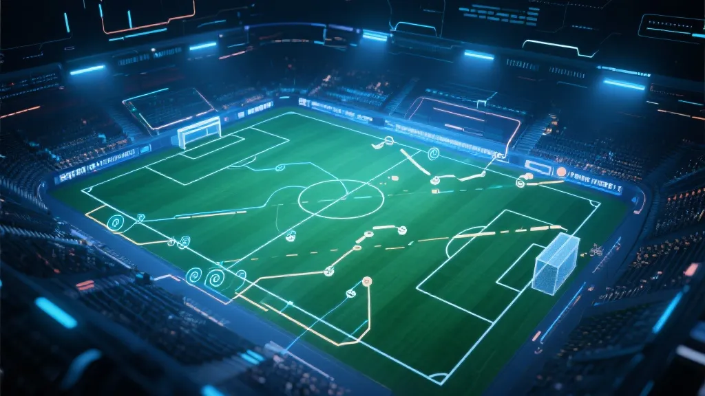 以数据与光效呈现的足球转播科技感画面：战术线条与球场视角