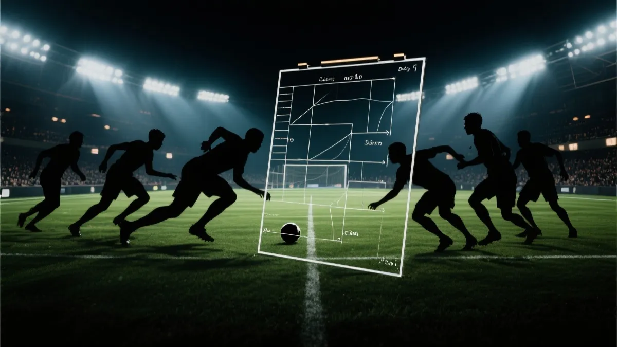 夜色球场中两队对抗，强调战术板与关键对位的氛围画面